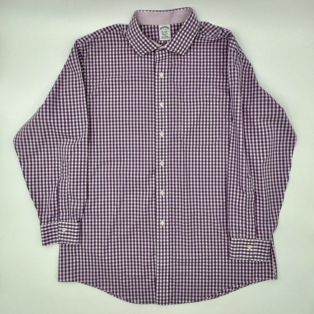 Brooks Brothers Shirt 17 33 Mens Purple Gingham Check Non-Iron Supima Cotton